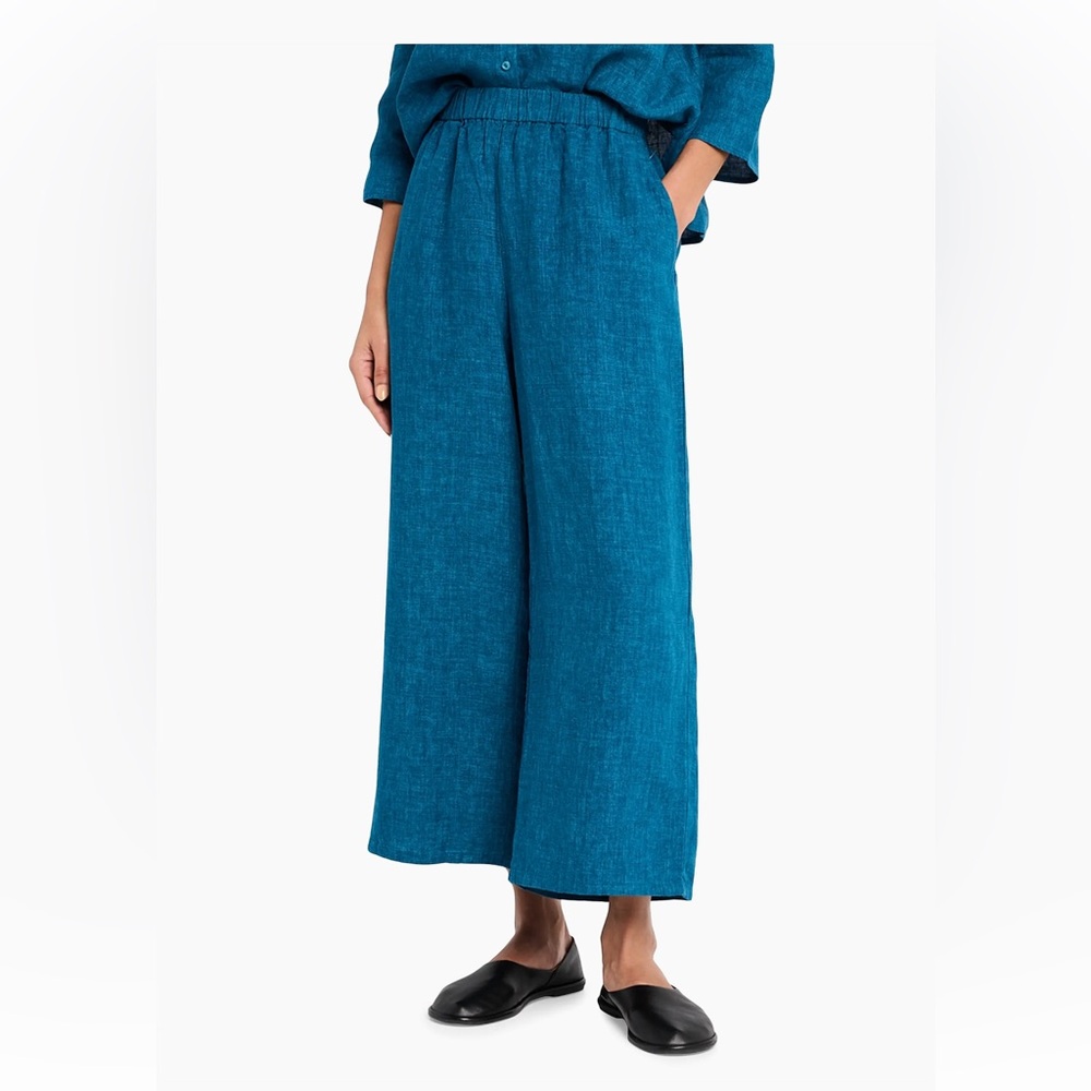 NEW Eileen Fisher Organic 
Linen Wide Leg Cropped Pants Women's Blue  Pants